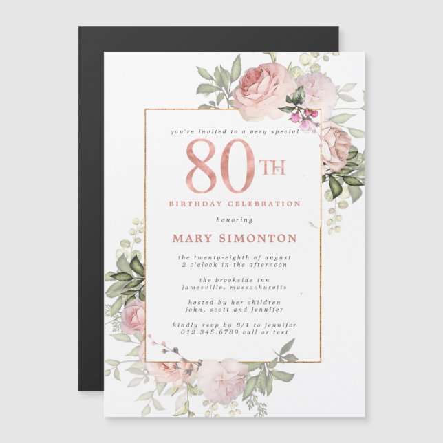 Invitation Magnétique Blush Pink Gold Floral 80e fête d'anniversaire (Devant / Derrière)