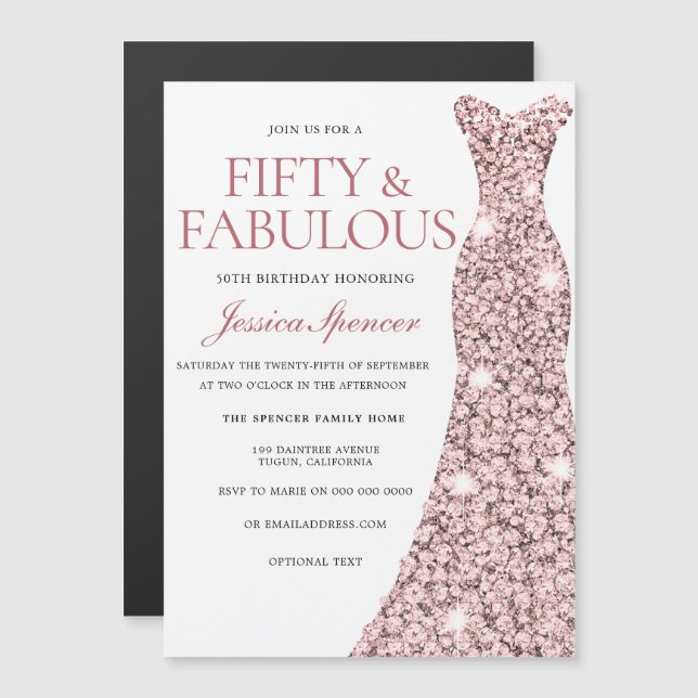 Invitation Magnétique Blush & Rose Gold Cinquante et fabuleux 50e annive (Devant / Derrière)