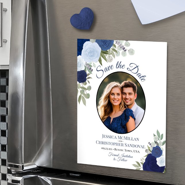 Invitation Magnétique Boho bleu Floral & Mariage photo Enregistrer la da (Magnetic Card for Easy Display!)