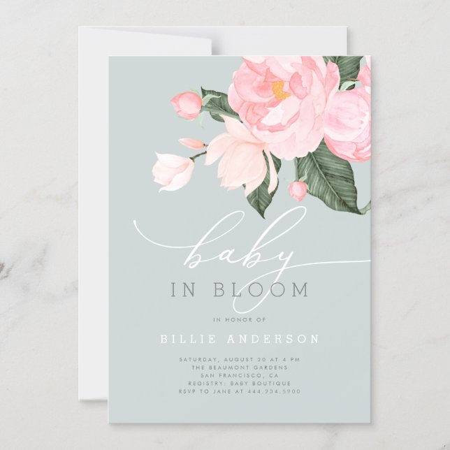 Invitation Magnétique Boho Dusty Blue Blush Floral Baby in Bloom Shower (Recto)