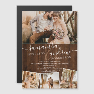 Invitation Magnétique Bois brun rustique chic script 4 photos mariage