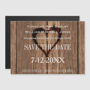 Invitation Magnétique Bois rustique et coeur gravé Économisez la date