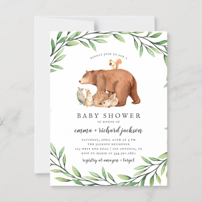 Invitation Magnétique Bois Végétation Forêt Animaux Baby shower (Recto)