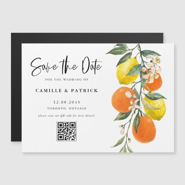 Invitation Magnétique Botanical Orange and Lemon QR Code Save the Date (Devant / Derrière)