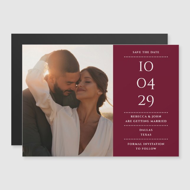 Invitation Magnétique Bourgogne Mariage Moderne Photo Enregistrer La Dat (Devant / Derrière)