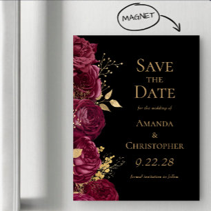 Invitation Magnétique Bourgogne Or Noir Fleurs Mariage Épargnez la Date