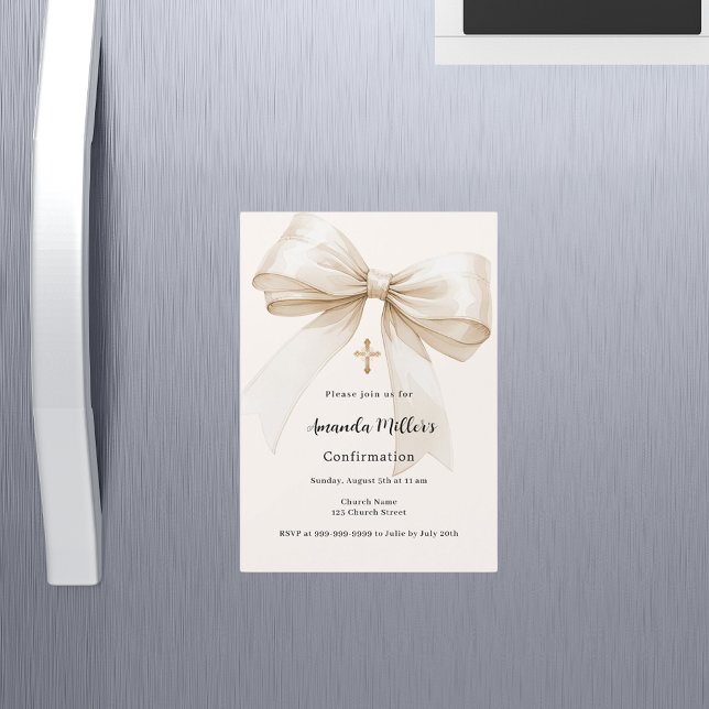 Invitation Magnétique Bow crème beige fille Confirmation (Créateur téléchargé)