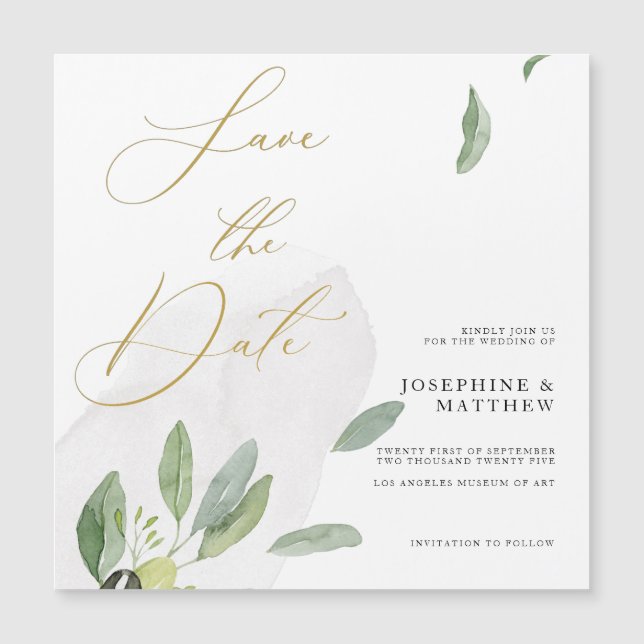 Invitation Magnétique Branche d'olive rustique chic calligraphie save th (Devant)