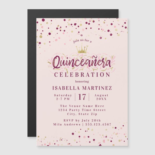 Invitation Magnétique Broussailleux branché Bourgogne & Or Confetti Quin (Devant / Derrière)