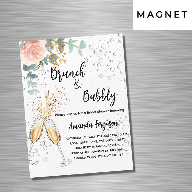 Invitation Magnétique Brunch Bubbly Fête des mariées rose luxe floral (Créateur téléchargé)