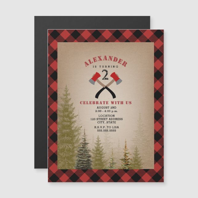 Invitation Magnétique Buffalo Plaid Ax Woodland Lumberjack Anniversaire (Devant / Derrière)