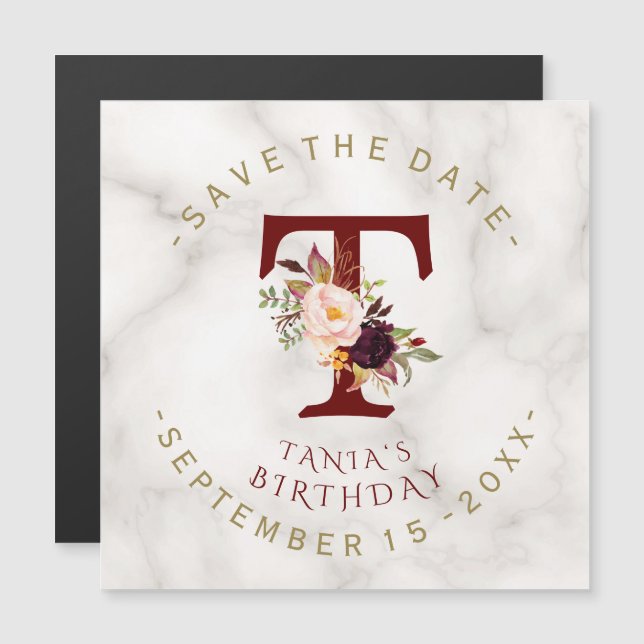 Invitation Magnétique Burgundy Floral Marbre Or Anniversaire Enregistrer (Devant / Derrière)