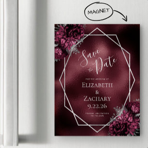 Invitation Magnétique Burgundy Foil Floral Argent Mariage Enregistrer la