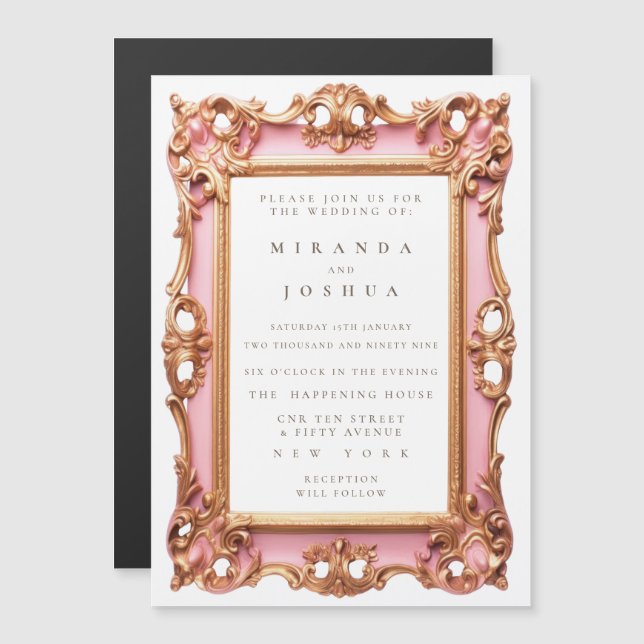 Invitation Magnétique Cadre orné filigrané rose magnétique doré (Devant / Derrière)