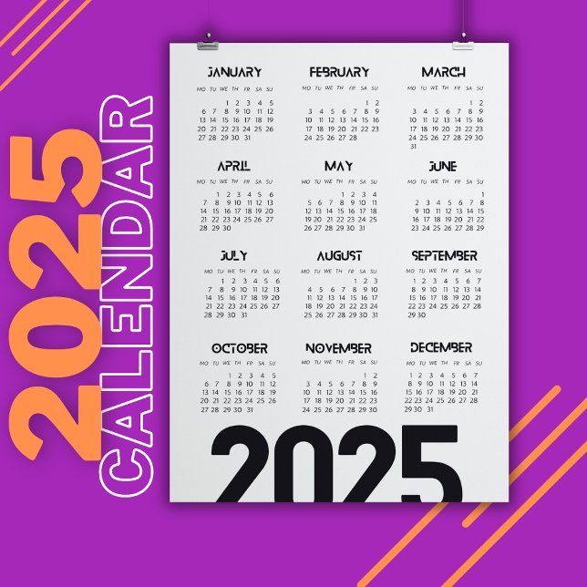 Invitation Magnétique Calendrier 2025 Année Élégant Blanc (2025 Year Calendar Elegant White Magnetic Invitation)