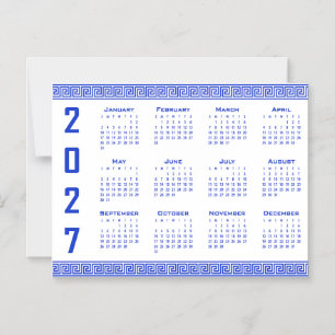 Invitation Magnétique Calendrier 2027, Frette Grecque, Bleu Grec sur Fon