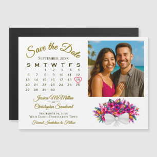 Invitation Magnétique Calendrier Bouquet Tropical & Photo de sauvegarde 
