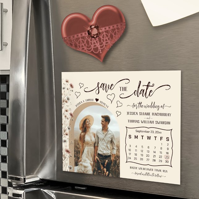 Invitation Magnétique Calendrier de fleurs sauvages Boho & Photo de mise (Magnetic for Convenient Display!)