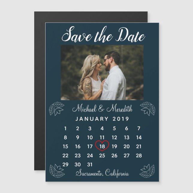 Invitation Magnétique Calendrier des Mariages bleus de la Marine Photo E (Devant / Derrière)