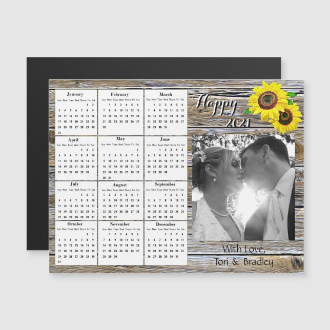 Invitation Magnétique Calendrier Mini Photo de Mariage Tournesols Jaunes (Devant / Derrière)