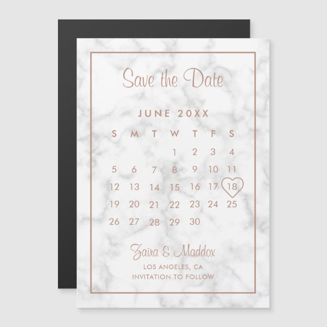 Invitation Magnétique Calendrier Moderne Marbre Rose Or Enregistrer la d (Devant / Derrière)