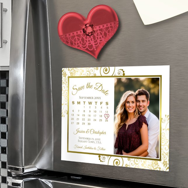 Invitation Magnétique Calendrier & Photo Gold & White Enregistrer l'aima (Magnetic for Easy Display!)