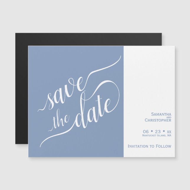 Invitation Magnétique Calligraphie moderne Mariage bleu Enregistrer la d (Devant / Derrière)