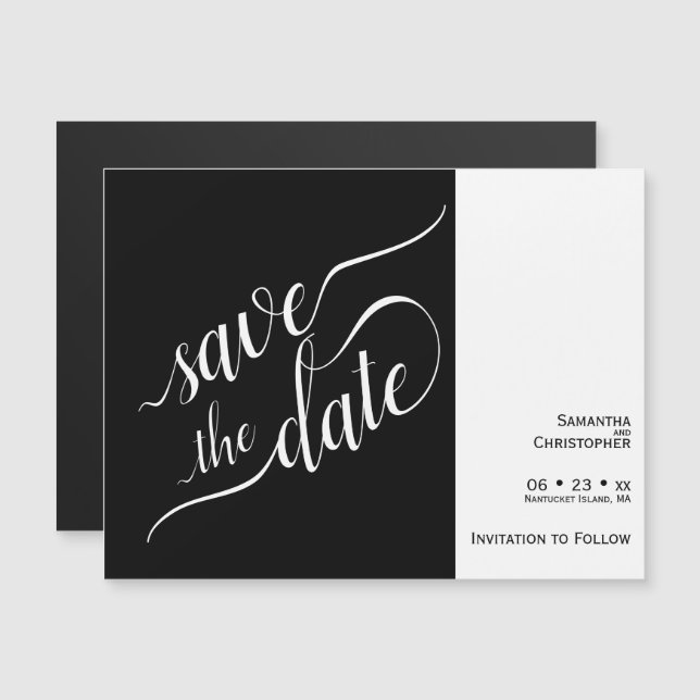 Invitation Magnétique Calligraphie moderne Noir Mariage Enregistrer la d (Devant / Derrière)
