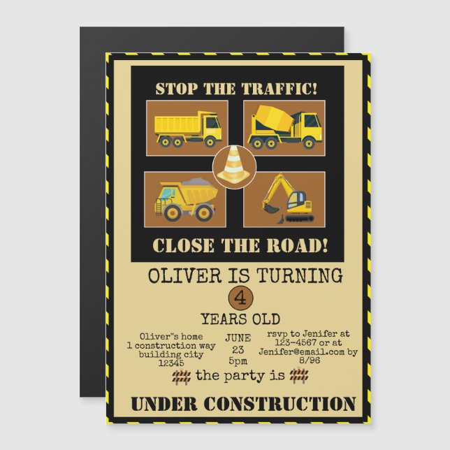 Invitation Magnétique Camions de construction | Boys Thématique fête d'a (Devant / Derrière)