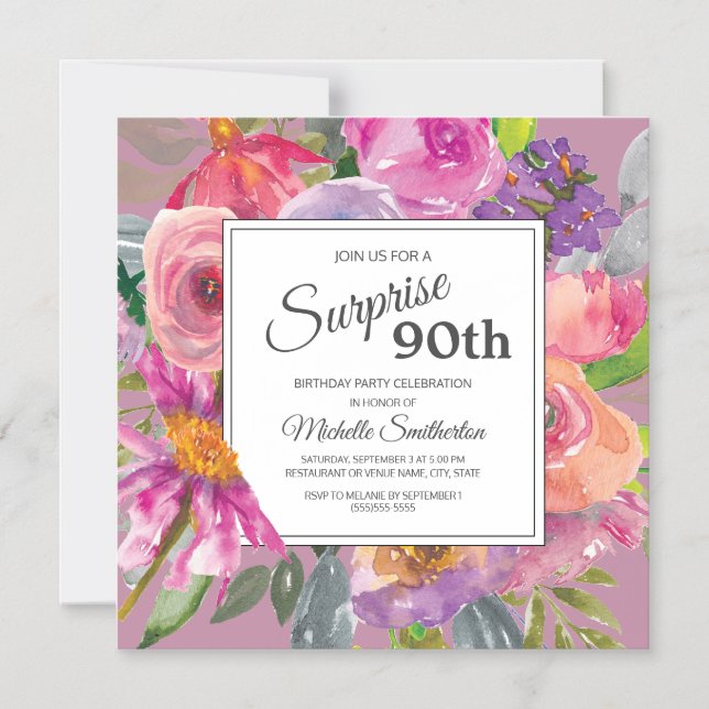 Invitation Magnétique Carré Fleur sauvage rose pourpre 90e fête d'annive (Recto)