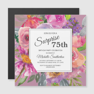 Invitation Magnétique Carré Fleur sauvage rose violet 75e fête d'anniver
