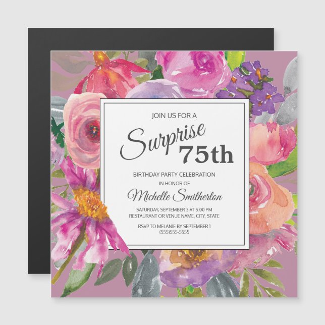 Invitation Magnétique Carré Fleur sauvage rose violet 75e fête d'anniver (Devant / Derrière)