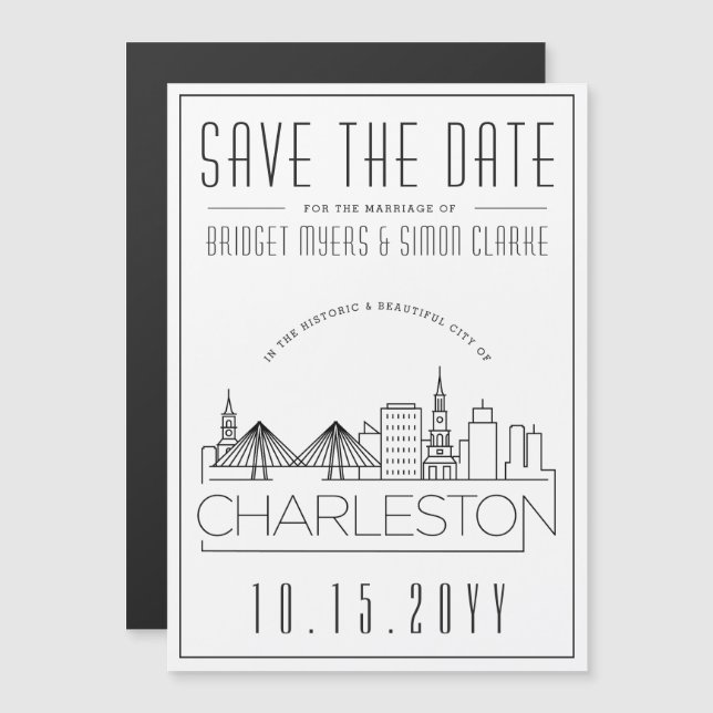 Invitation Magnétique Charleston Mariage|Skyline stylisée Enregistrer la (Devant / Derrière)