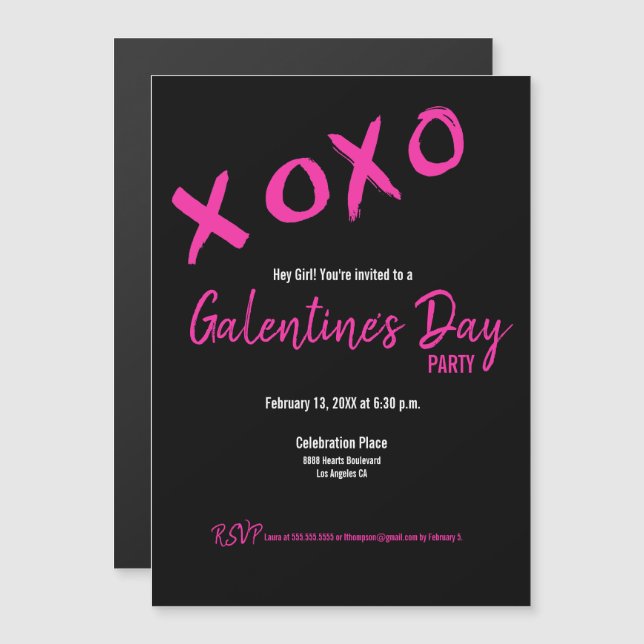 Invitation Magnétique Chic Black and Pink Galentine's Party XOXO élégant (Devant / Derrière)