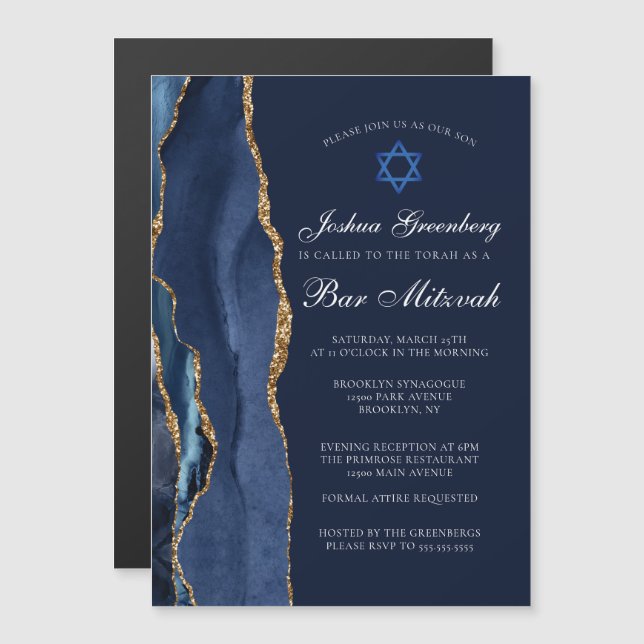 Invitation Magnétique Chic Bleu Bleu Or Agate Bar Mitzvah Party (Devant / Derrière)