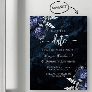 Invitation Magnétique Chic Bleu Marine Argent Floral Mariage Enregistrer