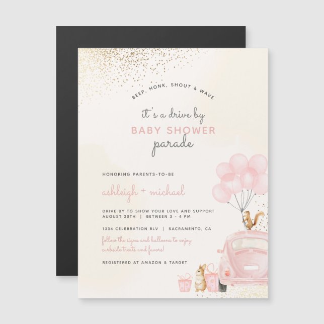 Invitation Magnétique Chic Blush Pink Balloons Voiture Par Baby shower (Devant / Derrière)