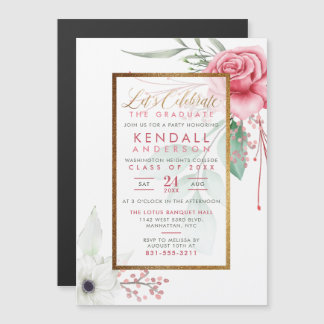 Invitation Magnétique Chic Cerise Peint Fleurs Botaniques Graduation