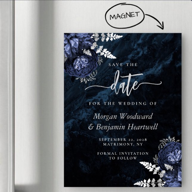 Invitation Magnétique Chic Navy Blue Silver Floral Wedding Save the Date (Créateur téléchargé)