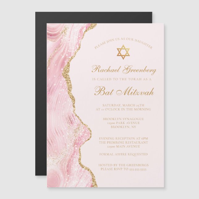Invitation Magnétique Chic Rose Gold Agate Bat mitzvah Party Personnalis (Devant / Derrière)