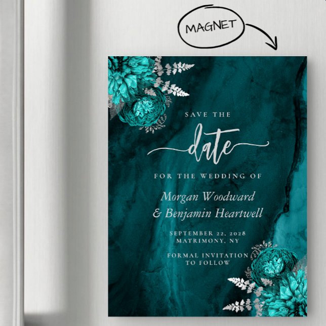 Invitation Magnétique Chic Turquoise mariage floral argent Enregistrer l (Créateur téléchargé)