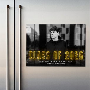 Invitation Magnétique Classe de Neon Jaune Moderne de 2025 Diplôme Photo