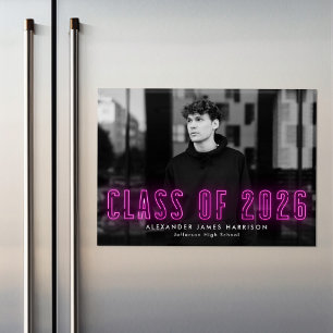 Invitation Magnétique Classe Magenta Neon moderne de 2025 - Diplôme Phot