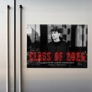 Invitation Magnétique Classe moderne Red Neon de 2025 - Diplôme photo
