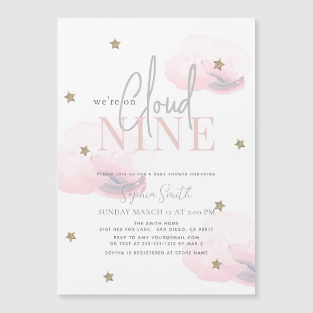 Invitation Magnétique Cloud 9 Gold Stars Aquarelle Baby shower rose (Devant)