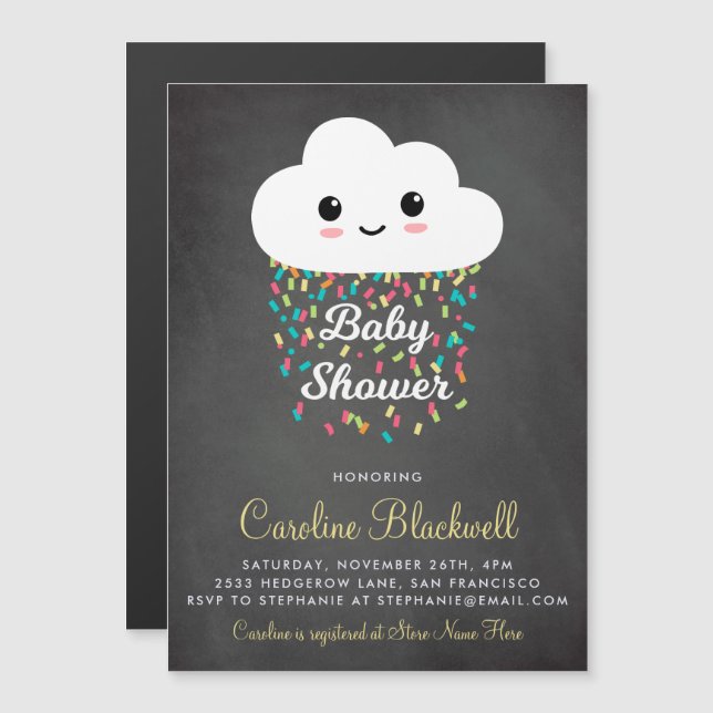 Invitation Magnétique Cloud et Confetti| Baby shower de tableau de bord (Devant / Derrière)