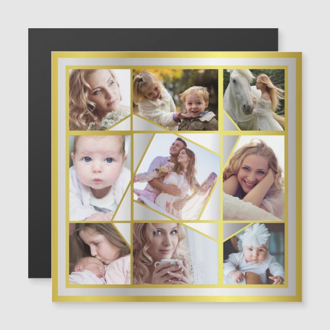 Invitation Magnétique Collage Photo Famille 9 Instagram Pic Gold Silver (Devant / Derrière)