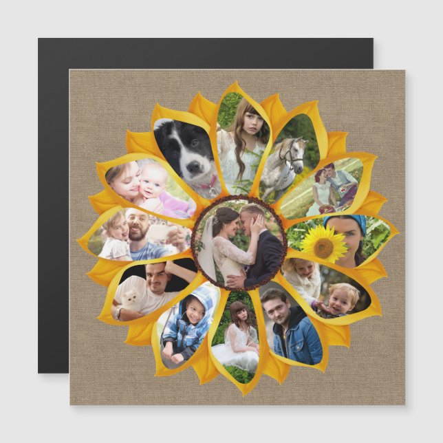 Invitation Magnétique Collage photo famille Sunflower Burlap 13 Photos F (Devant / Derrière)
