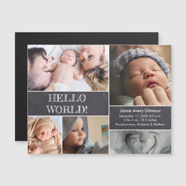Invitation Magnétique Collage photo personnalisé Hello World naissance b (Devant / Derrière)