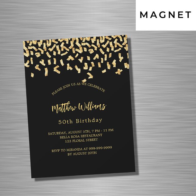 Invitation Magnétique Confetti noir or luxe pour anniversaire (Créateur téléchargé)